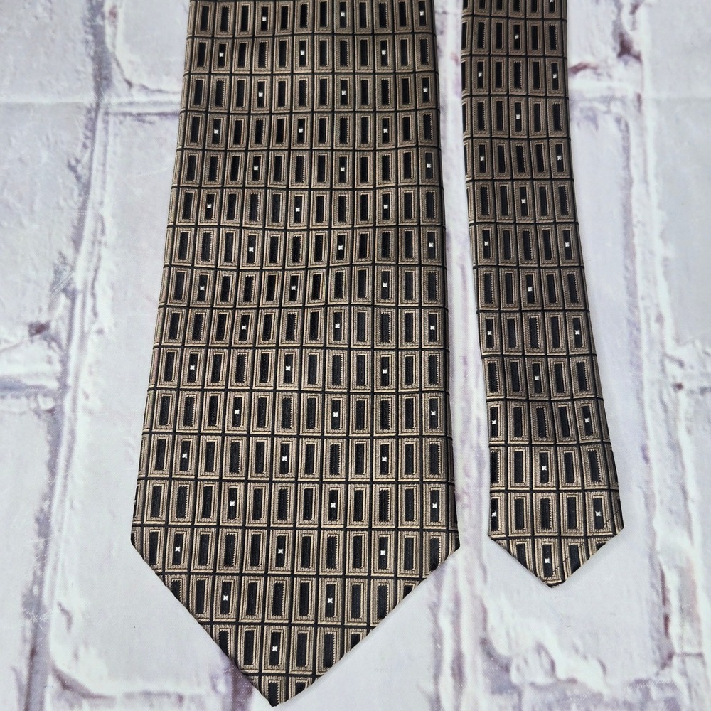 Bill Robinson Tie Gold Black Geometric 100% Silk Hand Made Dress Necktie Mens